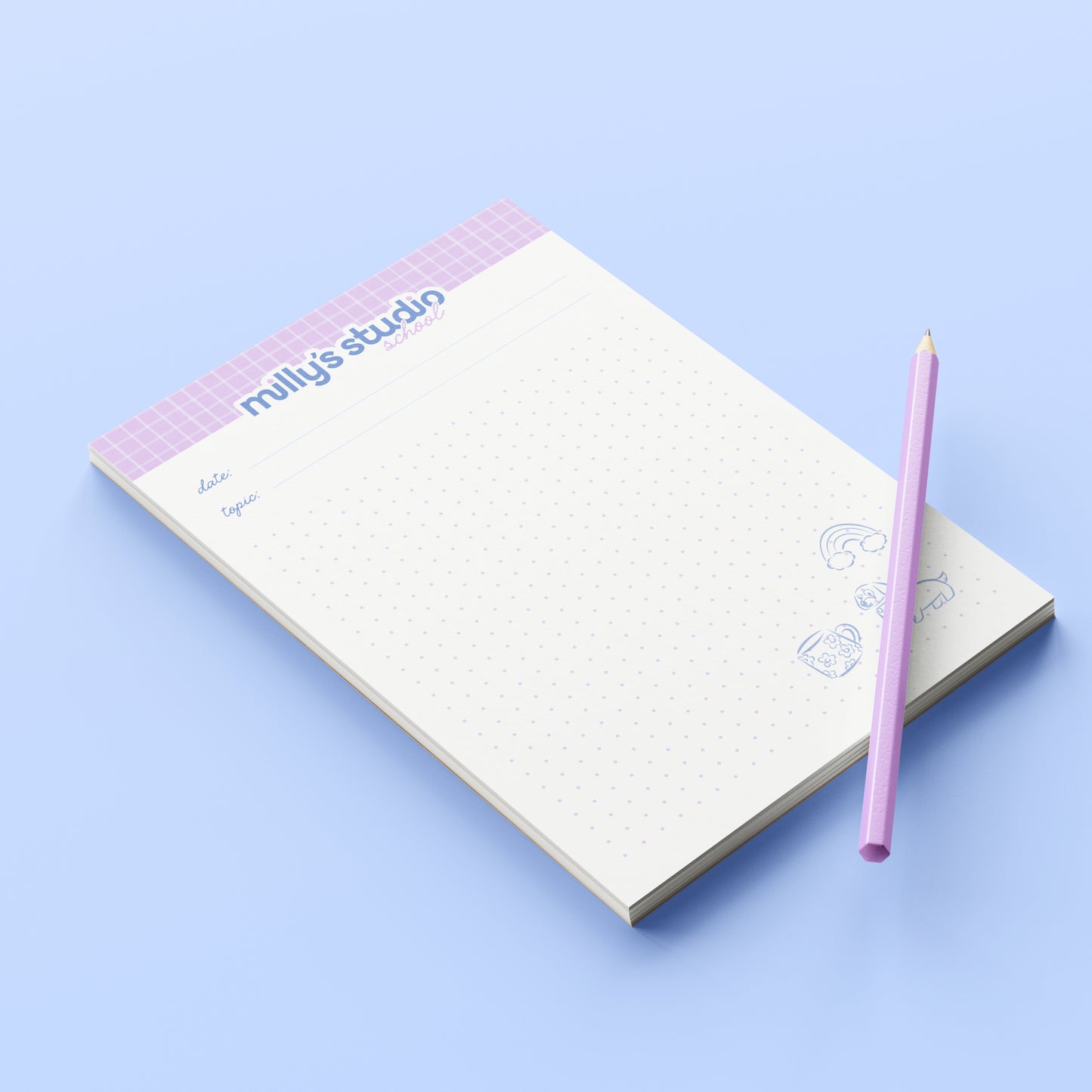 A5 Milly's Studio School Essentials Notepad - Lilac Grid Design