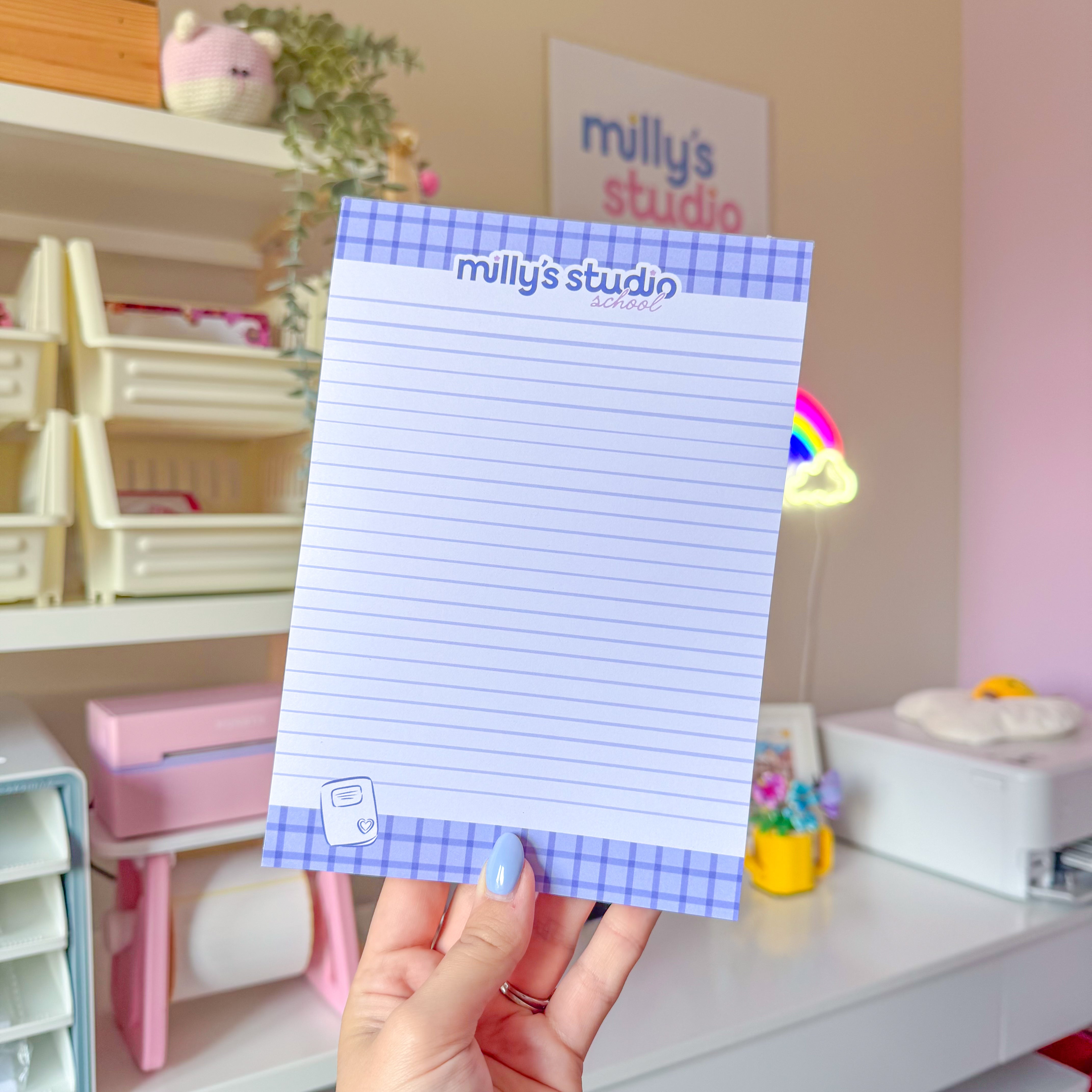 A5 Milly's Studio School Essentials Notepad - Blue Grid Design