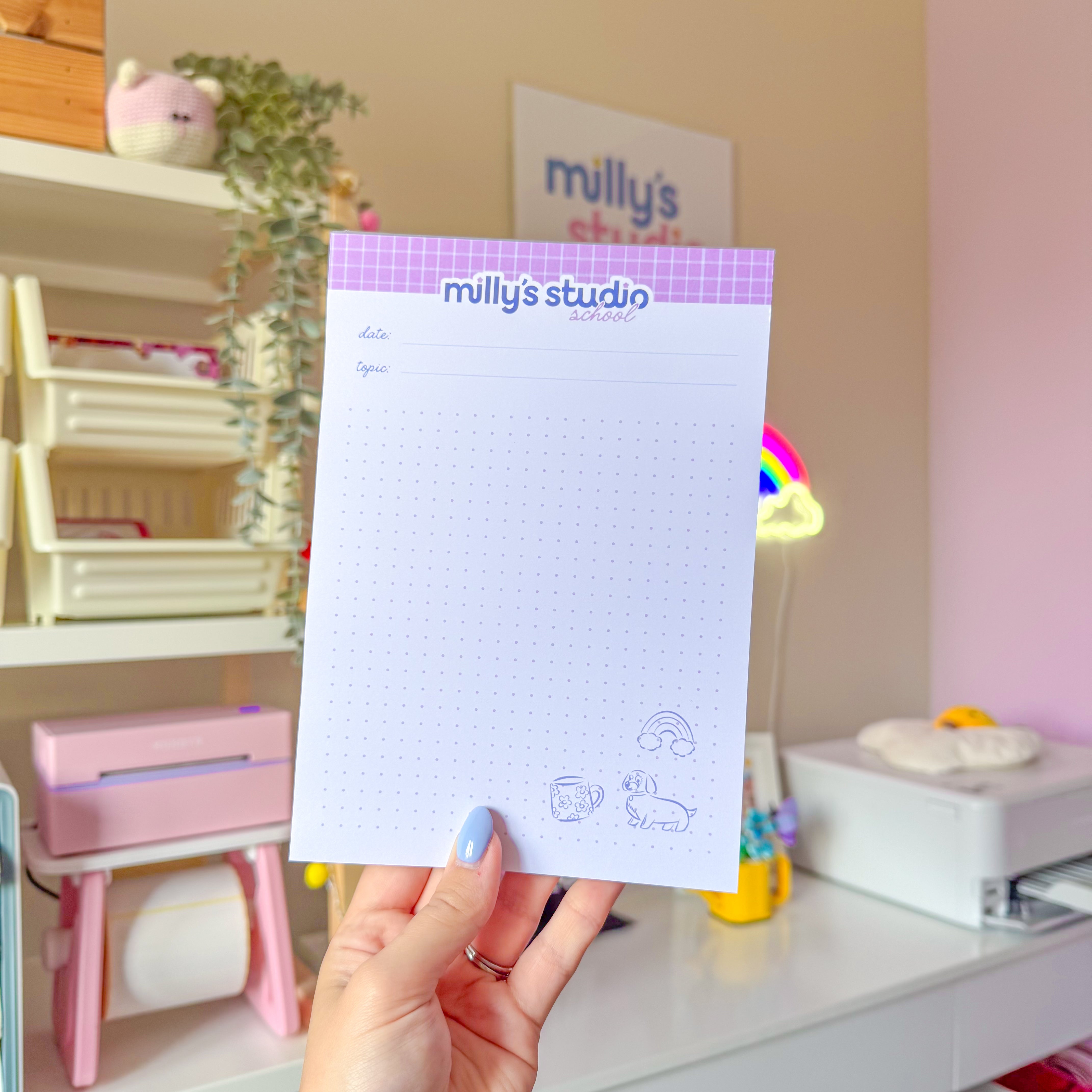 A5 Milly's Studio School Essentials Notepad - Lilac Grid Design
